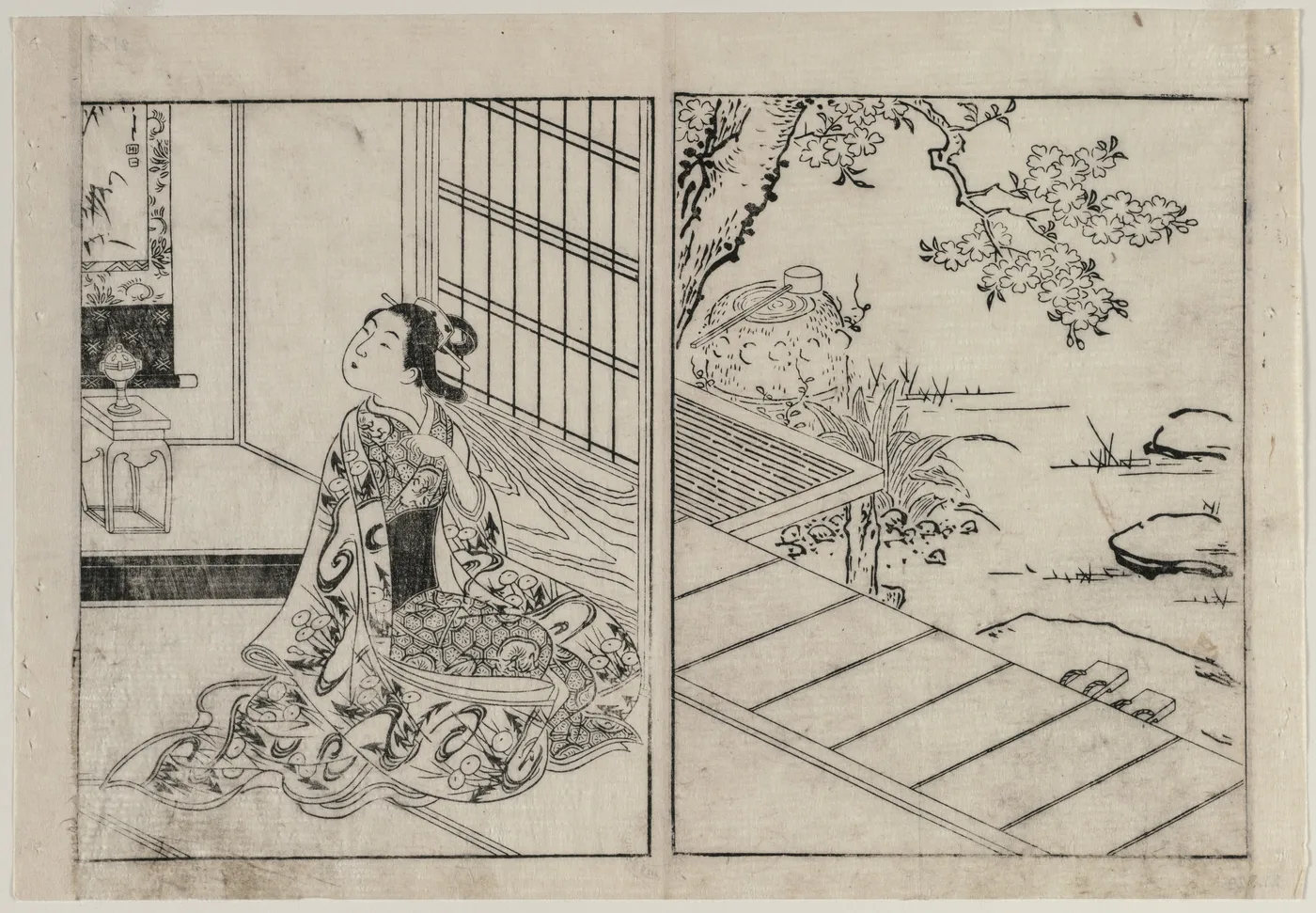 Woman Looking at a Hanging Scroll, 1740