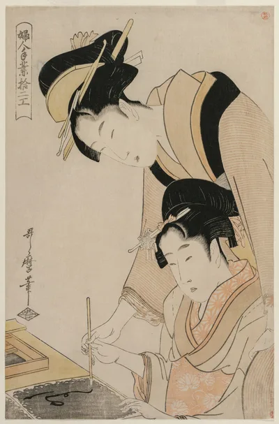 Mother Teaching her Daughter Calligraphy, from the series, Twelve…, 1798
