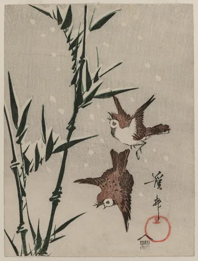 Sparrows, Bamboo and Falling Snow, 1820