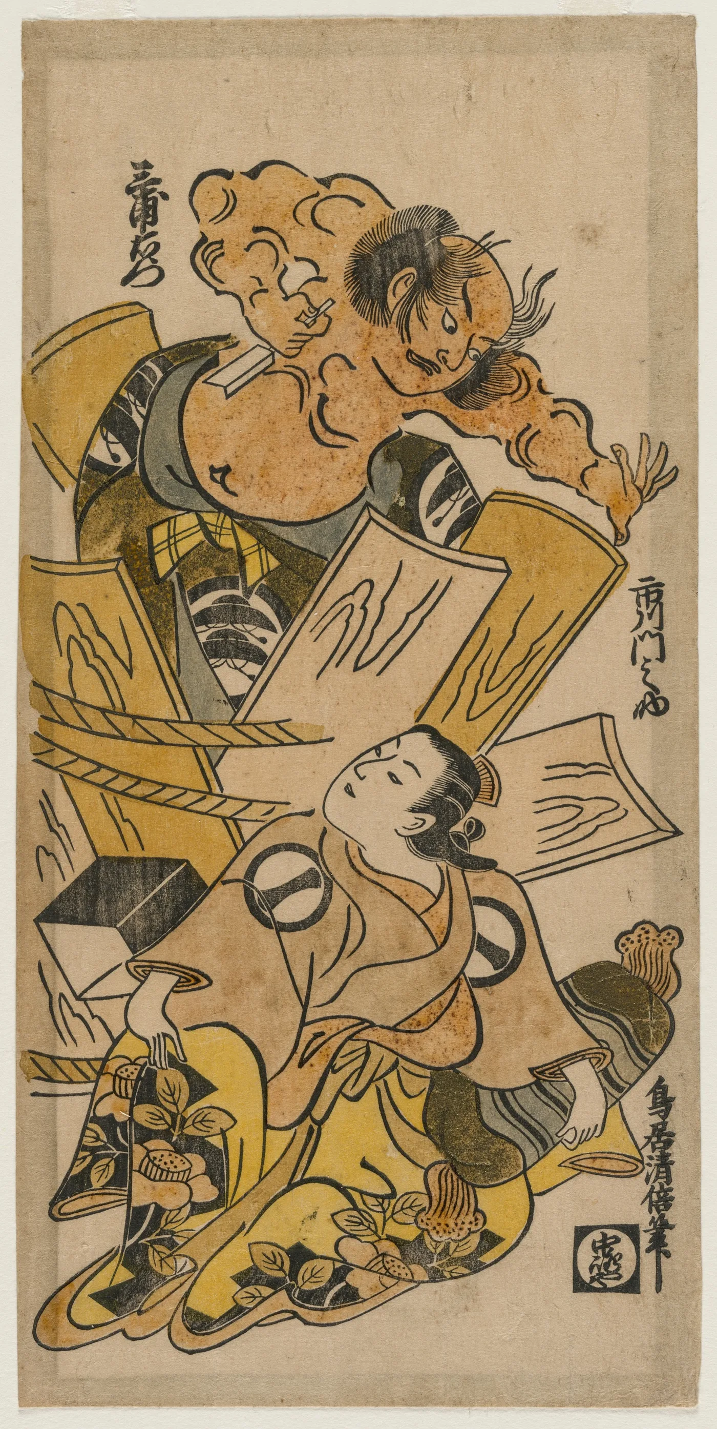 Ichikawa Monnosuke as a Courtesan and Nakajima Mioemon Bursting Out…, 1720