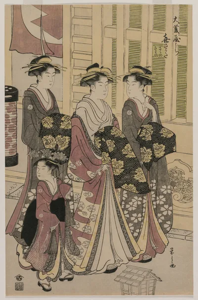 The Courtesan Kisagata of Ohishiya Strolling at Night with Two Shinzo…, 1790