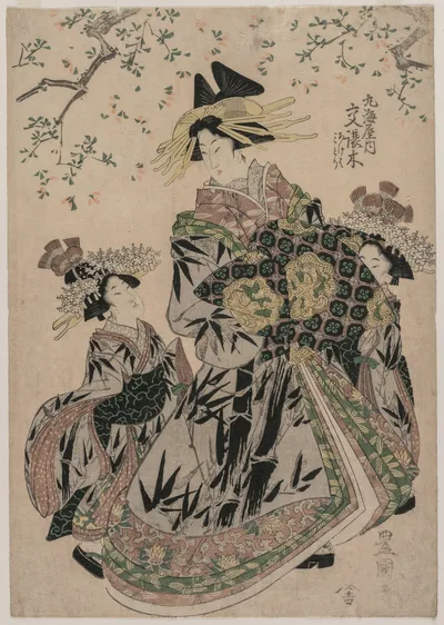The Courtesan Katakoshigi (?) of Maruebiya with her Kamuro Ageha and…, 1805
