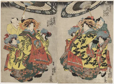 The Courtesans Hanamurasaki and Koshikibu of the Tamaya Promenading…, 1830