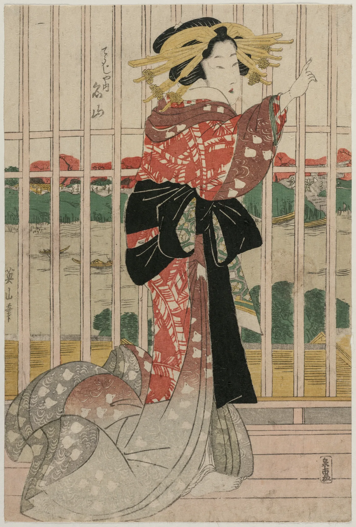 The Courtesan Meizan of the Chojiya on a Balcony Overlooking the…, 1820