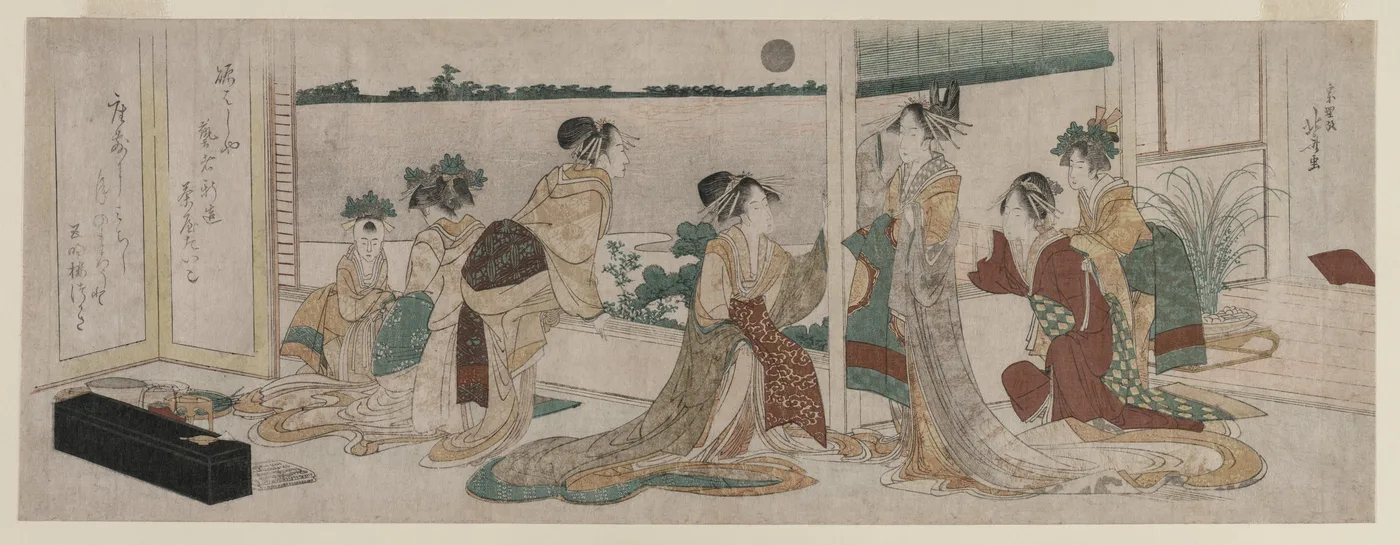 Tsukasa and Other Courtesans of the Ogiya Watching the Autumn Moon…, 1799