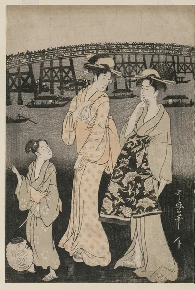 Women Enjoying the Evening Cool Near Ryogoku Bridge, 1790