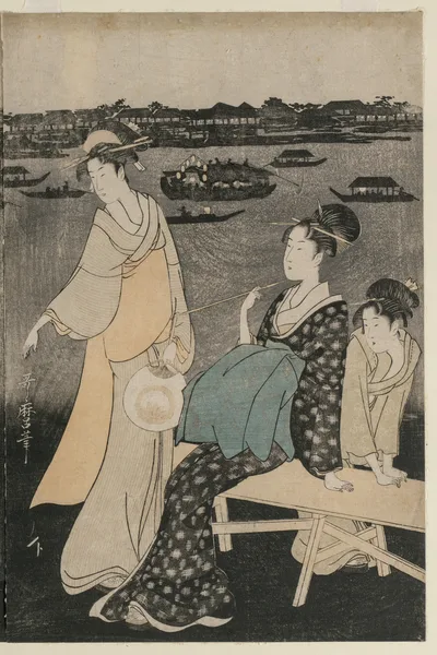 Women Enjoying the Evening Cool Near Ryogoku Bridge, 1790