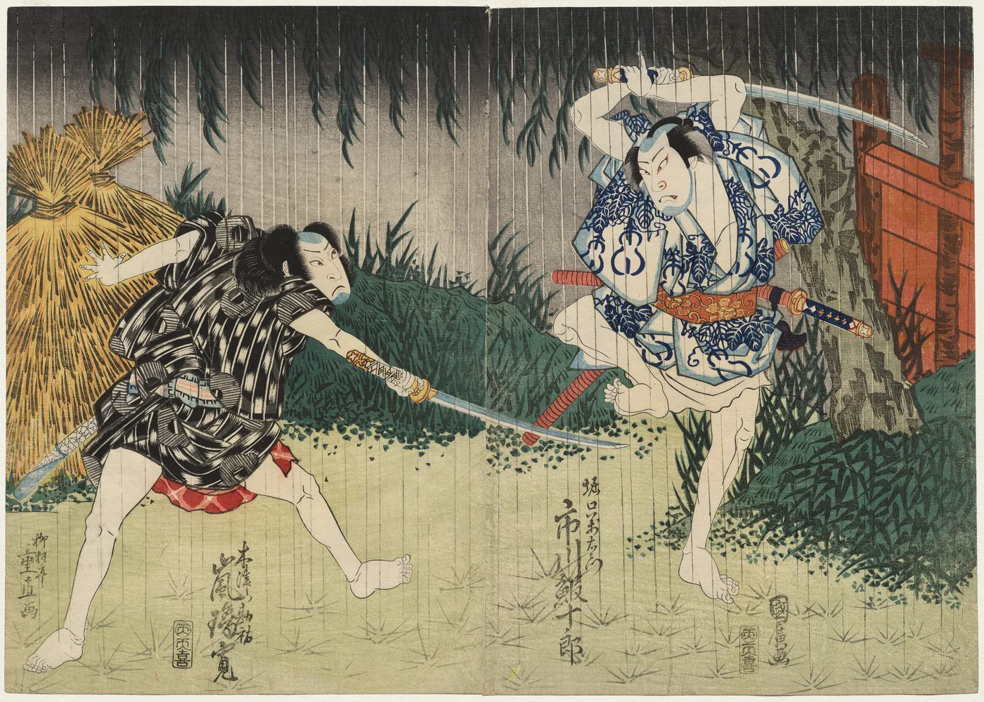 Arashi Rikan II as Kizu Kansuke; Ichikawa Ebijuro II as Horiguchi…, 1829