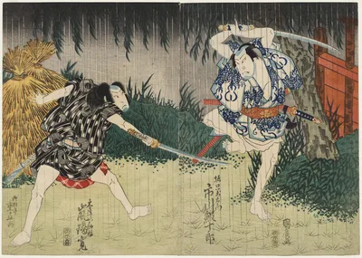 Arashi Rikan II as Kizu Kansuke; Ichikawa Ebijuro II as Horiguchi…, 1829