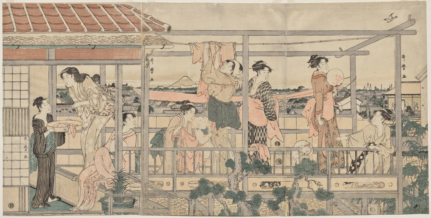 Women Hanging Laundry to Dry on a Balcony, 1790