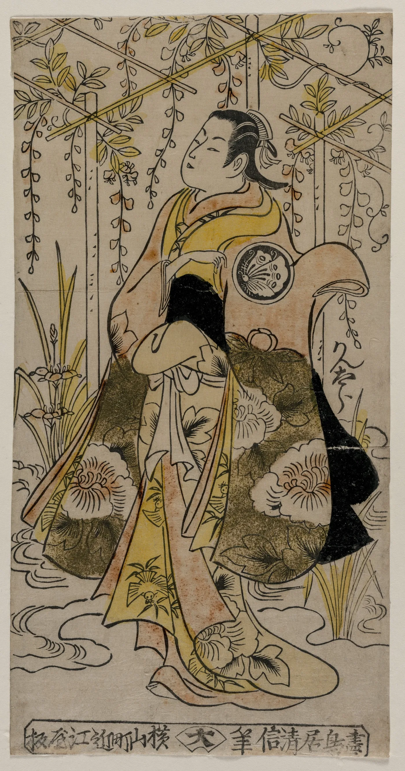 Sanjo Kantaro as a Young Woman Standing in a Wisteria Arbor, 1730